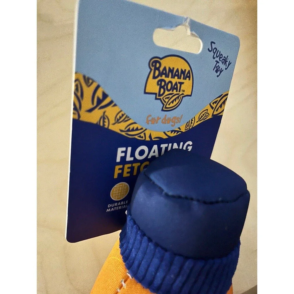 New Banana Boat  Fake Sunscreen Bottle Floating Fetch Squeaky Dog Toy Summer